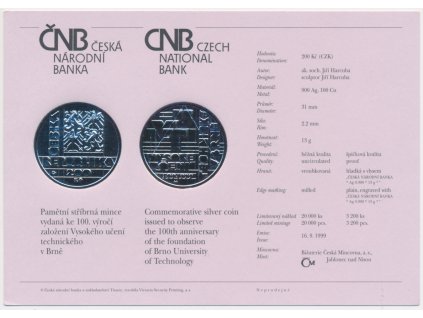ČR, certifikát k Ag minci 200,-Kč, 1999, Vysoké učení technické v Brně
