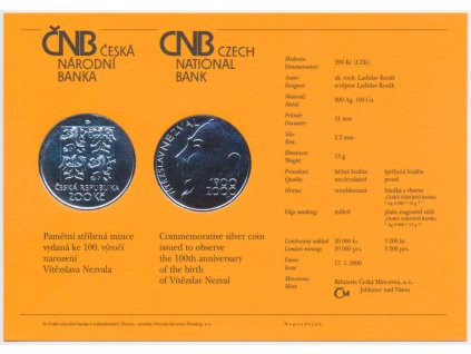 ČR, certifikát k Ag minci 200,-Kč, 2000, Vítězslav Nezval