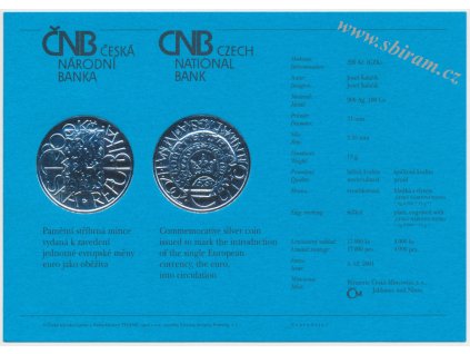 ČR, certifikát k Ag minci 200,-Kč, 2001, Zavedení eura jako oběživa