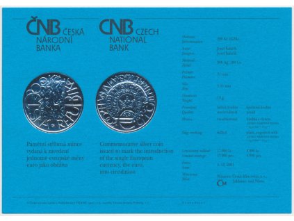 ČR, certifikát k Ag minci 200,-Kč, 2001, Zavedení eura jako oběživa