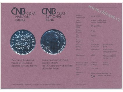 ČR, certifikát k Ag minci 200,-Kč, 2001, Jaroslav Seifert