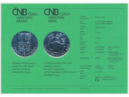 ČR, certifikát k Ag minci 200,-Kč, 2001, Český fotbalový svaz