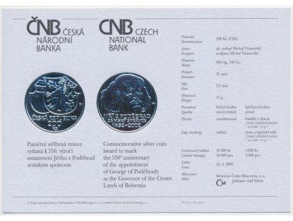 ČR, certifikát k Ag minci 200,-Kč, 2002, Jiří z Poděbrad-zemským správcem