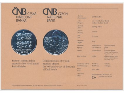 ČR, certifikát k Ag minci 200,-Kč, 2002, Emil Holub