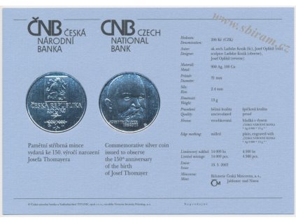 ČR, certifikát k Ag minci 200,-Kč, 2003, Josef Thomayer