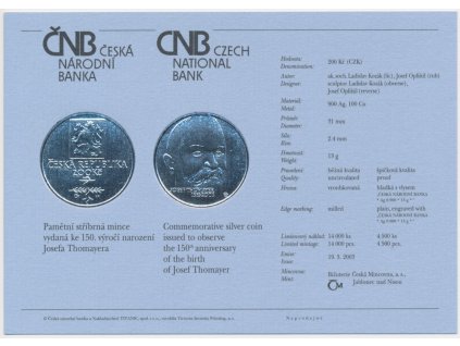 ČR, certifikát k Ag minci 200,-Kč, 2003, Josef Thomayer
