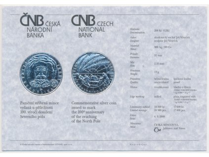 ČR, certifikát k Ag minci 200,-Kč, 2009, 100. výročí dosažení Sever. pólu