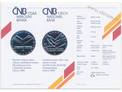 ČR, certifikát k Ag minci 200,-Kč, 2009, MS v klasickém lyžování Liberec