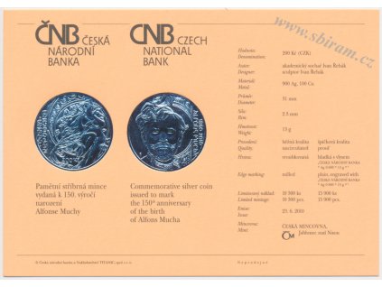 ČR, certifikát k Ag minci 200,-Kč, 2010, Alfons Mucha