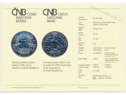 ČR, certifikát k Ag minci 200,-Kč, 2015, České Budějovice