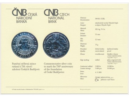 ČR, certifikát k Ag minci 200,-Kč, 2015, České Budějovice