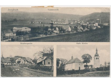 66 - Trutnovsko, Mladé Buky, 3-záběr, celk.pohled, kostel, ulice, 1917