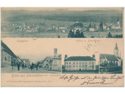 Rakousko, Gleinstätten, 4 - záběr dominant, oživené náměstí.., ca 1901