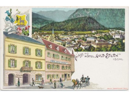 Rakousko, Bad Ischl, 2 - záběrová koláž, Hotel "Gold Stern", celkový pohled, cca 1898