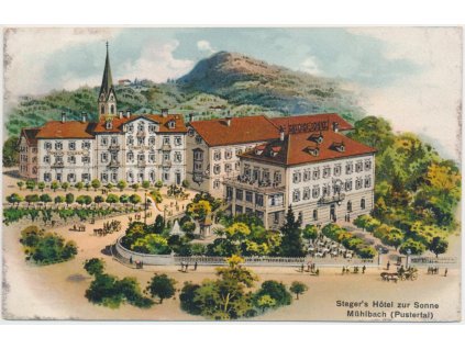 Rakousko, Mühlbach, Steger´s Hotel zur Sonneoživená partie před hotelem, cca 1915