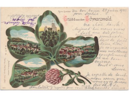 Německo, Schwarzwald Dresden, 4 - záběrová koláž, záběry obce v lístcích "jetele", cca 1903