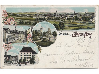 Německo, Crailsheim, 4 - záběrová koláž dominant města, cca 1899