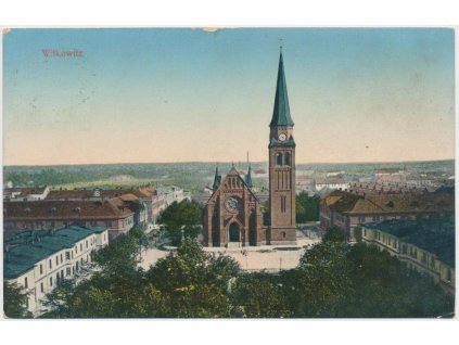 43 - Ostravsko, Vítkovice, pohled na část města s kostelem, cca 1908