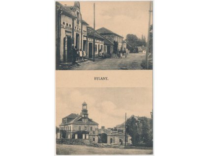 29 - Kolínsko, Bylany, 2 - záběr dominant obce, oživená ulice, ca 1925