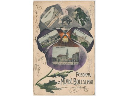 36 - Mladá Boleslav, 6 - ti záběrová koláž v květu macešky, cca 1906
