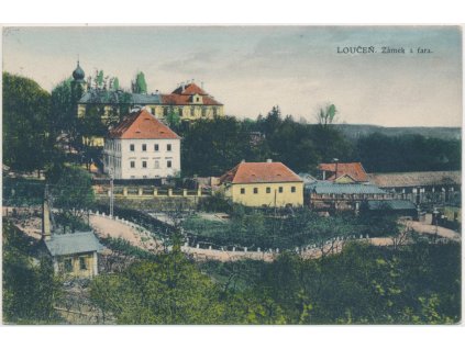 40 - Nymbursko, Loučeň, pohled na zámek a faru, Foto J. Zahrádka,1928
