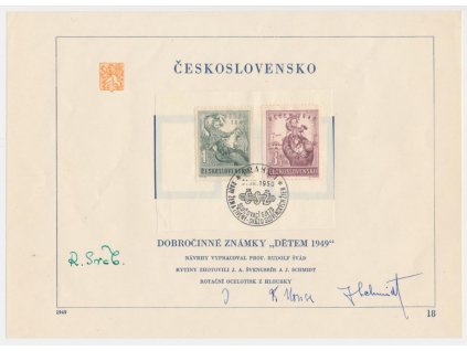 ČSSR, pamětní list s originální známkou a příležitostným razítkem,1949