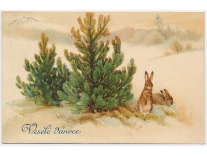 Veselé Vánoce, Zajíčci ve sněhu u stromečku, cca 1920