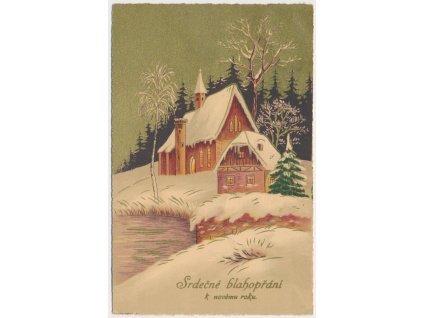 Srdečné blahopřání k novému roku, zasněžené domy a krajina, 1935