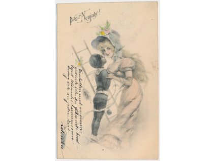 Pohlednice, Prosit Neujahr!, Šťastný Nový rok, Slečna a kominík, 1903