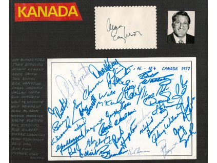 Kanada, hokej, sběratelský list s kartou podpisů hráčů, datováno 1977