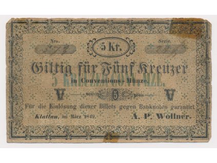 Čechy, Klatovy (Klattau) , 5 Krejcar , 1849, peněžní poukázka