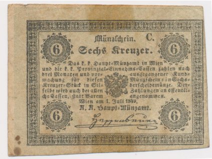 Vídeň , 6 Krejcar, 1849, peněžní poukázka pro české země, hledané
