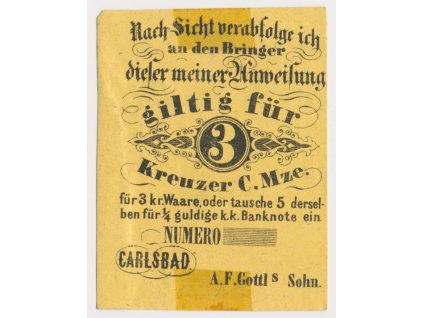 Čechy, Karlovy Vary (Carlsbad), 3 Krejcar, 1849, peněžní poukázka