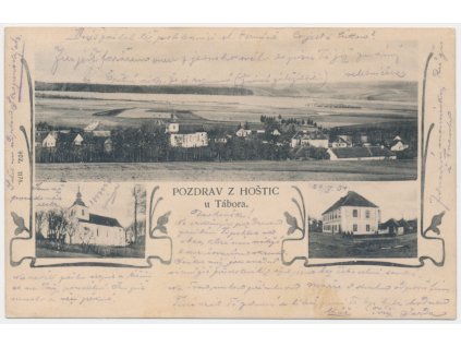 64 - Táborsko, Hoštice, 3 - záběrová koláž dominant obce, cca 1904