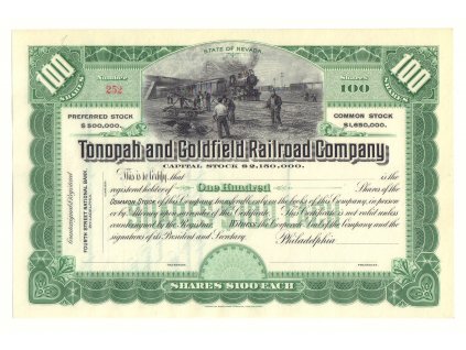 Tonopah & Goldfield Railroad Company akcie $100 - železnice