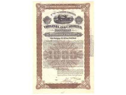 Virginia & Carolina Southern Railroad Company, akcie $1000, 1913