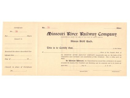 North Dakota, Missouri River Railway Company, akcie $100 - železnice