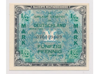 Německo, 1/2 M, 1944, Allierte, USA vydání - 9ti místná s F, stav: N