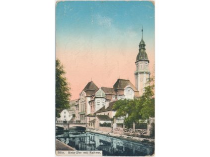 65 - Teplicko, Bílina, partie u břehu řeky, radnice, hotel Hohes Haus, cca 1918