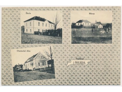 55 - Rakovnicko, Pavlíkov, 3 - záběr, Obchodní dům, náves, škola, ca 1930