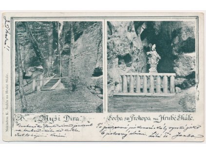 58 - Semilsko, Hrubá skála, 2 - záběr, Myší Díra a socha sv. Prokopa, cca 1901