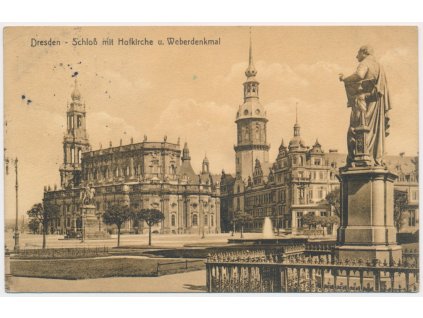 Německo, Dresden, Schloss mit Hofkirche u. Weberdenkmal, cca 1913