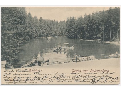 32 - Liberec, Gruss aus Reichenberg, Gondelteich, prošlé poštou 1909