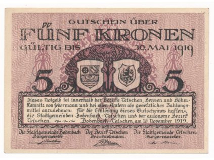 ČSR, Děčín (Tetschen), 5 Korun, 1919, krásný stav 0-