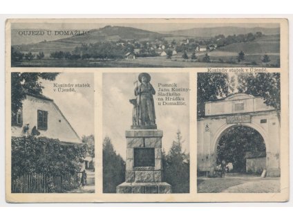 15 - Domažlicko, Újezd, 4 - záběr, Hostinec, pomník, statek...,  cca 1935