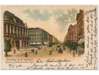 Maďarsko, Budapest, Andrássy út az operával, lidé na ulici, cca 1901