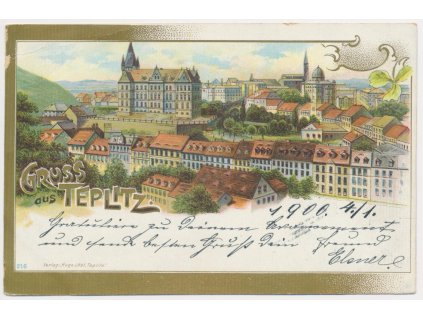 65 - Teplice, celkový pohled na město, prošlé poštou 1900