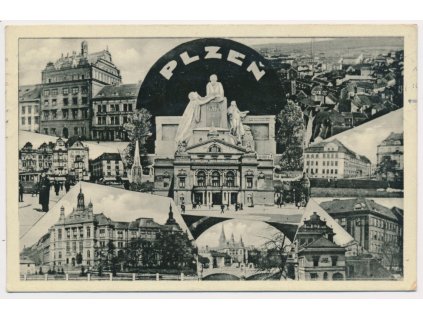 47 - Plzeň, 9 - ti záběrová koláž s dominantami města, cca 1923