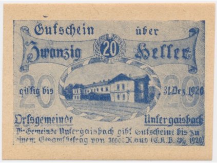 Rakousko, nouzová bankovka, 20 h, Untergaisbach, 1920, luxusní stav UNC
