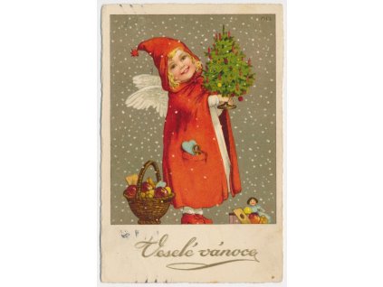 Námětová pohlednice, Veselé vánoce, andělíček, stromeček, cca 1925
